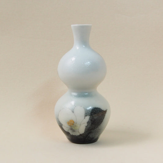 釉描色絵磁器 椿(白)図 瓢徳利