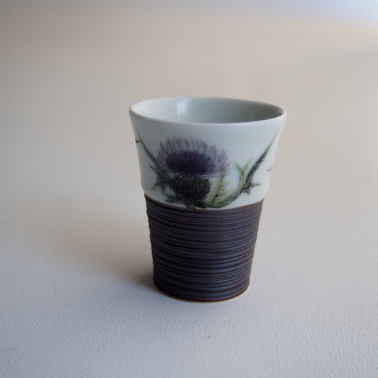 14　釉描色絵薊図　ビアグラス　｜藤野貴則