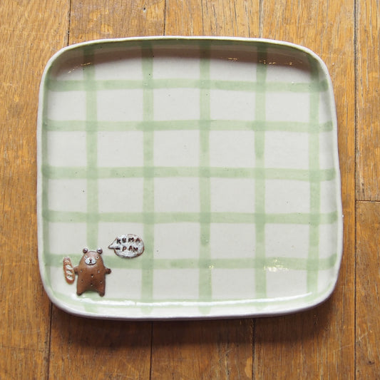21　チェック柄くまパン四角プレート | 我妻なおり